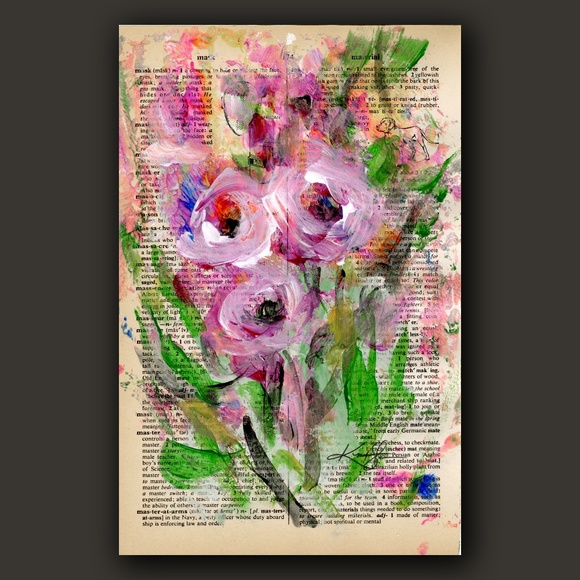 Original Floral painting on Vintage Dictionary Page page - Flora Songs 1 - Picture 1 of 4